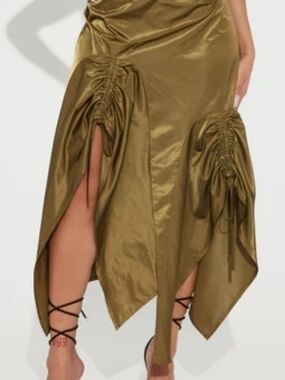 Fashion Nova Olive Satin Asymmetrical Ruched Midi Skirt